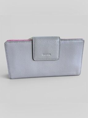 Fossil heather grey leather slim ladies wallet minimalist pink interior retro